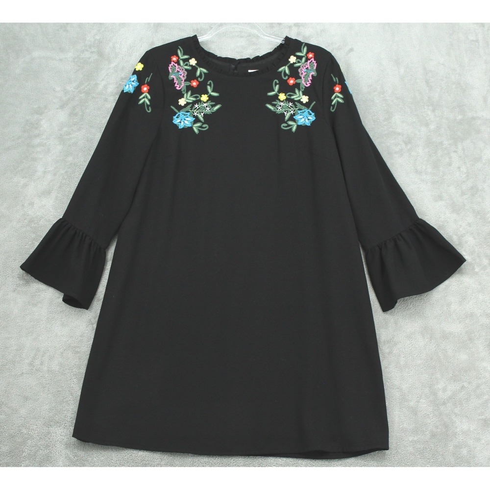 Anthropologie Allison New York Dress Womens Medium Floral Boho Bell Sleeve Black